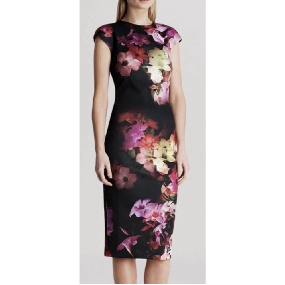 Ted Baker Dress 3 Floral Satin Sheath Bodycon Midi Cap Sleeve Midi US 6-8